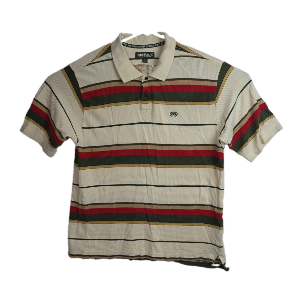 Vintage ECKO Unltd. Polo Men's L Tan/Red/Green Stripes Short Slvs Collared Y2K
